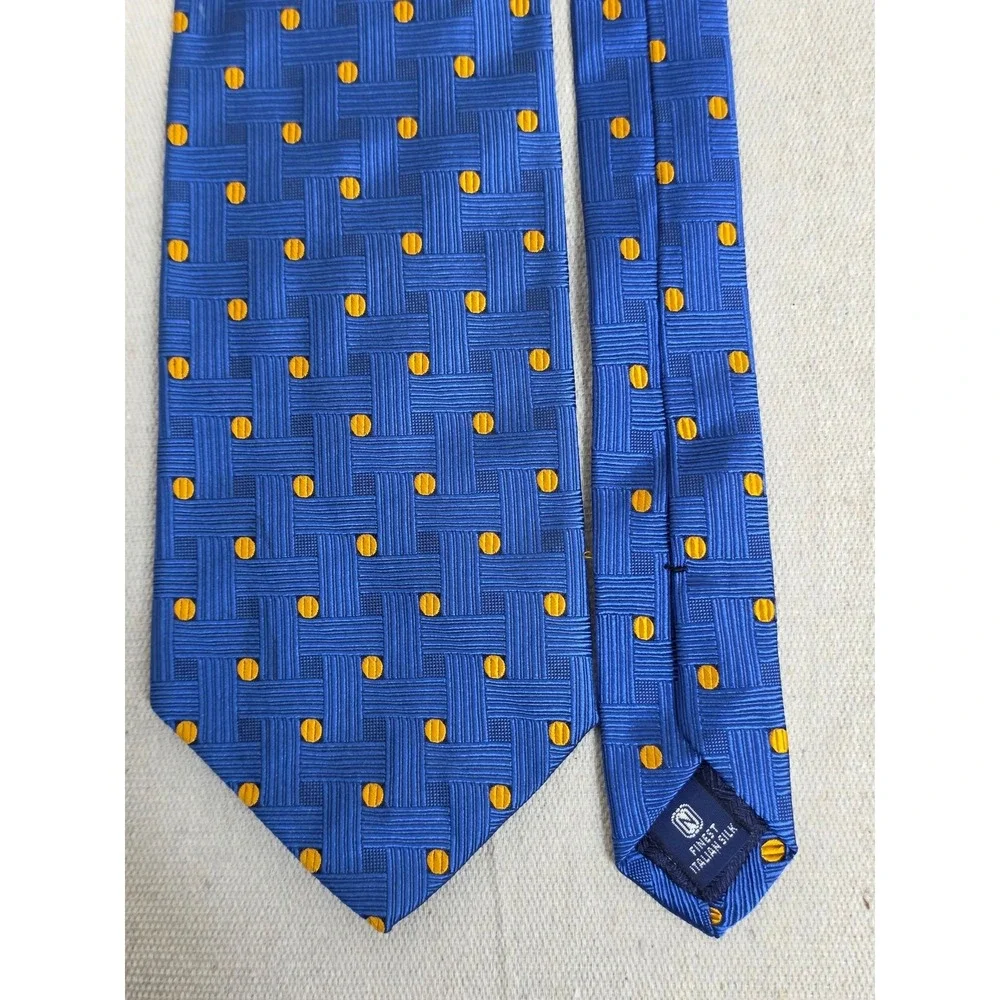 Nordstrom Mens Blue Italian Silk Tie Gold‎ Geometric Basketweave Dot Pattern